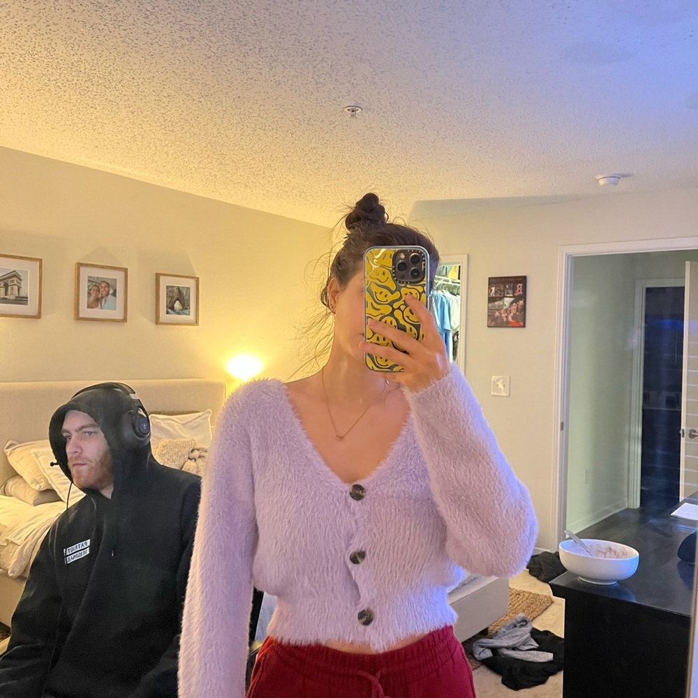 These Three Boutique fuzzy purple sweater